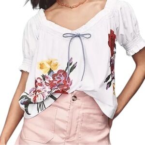By Anthropologie Puff-Sleeve Tie-Front Embroidered Blouse Sz 1X